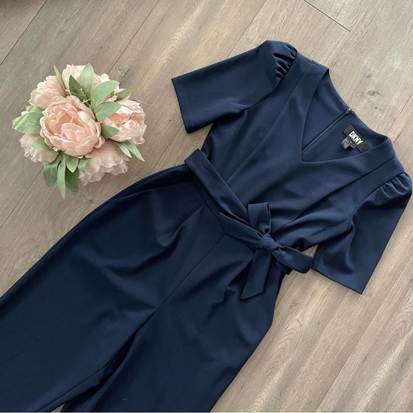 DKNY Navy Blue Belted Short Sleeve Ankle Jumpsuit - Picture 2 of 6